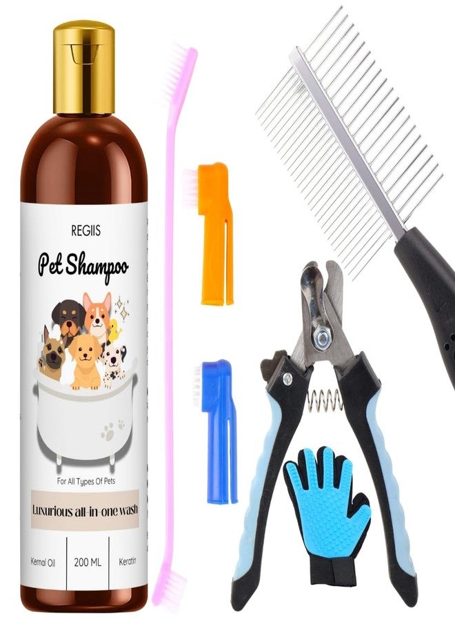 مجموعة شامبو الحيوانات الأليفة من ريجيس مع أدوات العناية، 200 مل، تركيبة شاملة للغسل والتخلص من الحكة، الكيراتين وزيت الليمون لجميع أنواع الحيوانات الأليفة (عبوة من 5 قطع) - Image 1